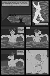 1boy anthro balls black_and_white canine comic dbruin english_text erection greyscale humanoid_penis male male_only masturbation monochrome nude penis pool smile solo text water