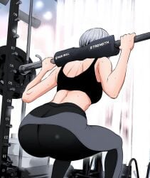 2.5_jigen_no_ririsa armpits ass ass_focus back back_view bare_arms bare_shoulders big_ass black_sports_bra grey_hair hashimoto_yuu heavy_lifting indoors leggings manga official_art short_hair shoulder_blades sports_bra squatting sweat sweaty_body thighs toned_female yamanobe_yuki