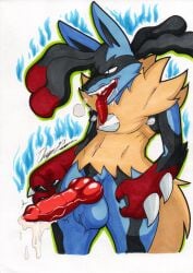 absurd_res animal_genitalia animal_penis anthro black_body black_fur blue_body blue_fur bodily_fluids fur generation_4_pokemon generation_6_pokemon genitals hi_res lucario male mega_evolution mega_lucario nintendo penis pokemon pokemon_(species) rotten_owl simple_background solo traditional_media_(artwork) white_background