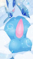 absurd_res artist_logo balls big_balls blue_body blush bubble feral generation_2_pokemon genitals hi_res legendary_pokemon logo lugia lying male male_feral nintendo on_back penis pokemon pokemon_(species) sleazychuad solo sparkles spread_legs spreading tapering_penis white_body