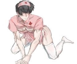 all_fours alternate_costume black_hair blue_eyes blush crossdressing full_body gintama hijikata_toshiro hwhite1571419 male male_only manly_crossdresser nurse nurse_cap nurse_uniform pecs solo thighhighs white_legwear white_thighhighs