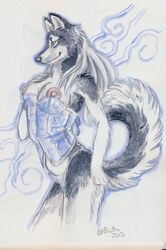 2013 anthro breasts canine corset female fur furry heather_bruton husky nipples solo