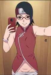 aged_up ai_generated ass bigmic145 black_hair boruto:_naruto_next_generations breasts dress female female_only glasses medium_breasts naruto naruto_(series) navel pants pants_pulled_down sakura_haruno sakura_haruno_(cosplay) sarada_uchiha selfie stripping tease teasing trying_on_clothes