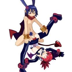 1boy 1girls blue_hair clothing disgaea etna grabbing_legs holding_legs laharl penetration penis piledriver_position pubic_hair pussy pussy_juice red_eyes red_hair sex small_breasts upside-down wet_pussy