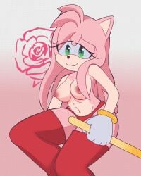 4:5 absurd_res amy_rose anthro areola bottomwear breasts clothed clothing dani_(artist) digital_media_(artwork) eulipotyphlan female green_eyes hedgehog hi_res legwear long_hair mammal nipples panties pink_body pink_hair sega simple_background smile solo sonic_(series) sonic_the_hedgehog_(series) thigh_highs topless topless_anthro topless_female underwear