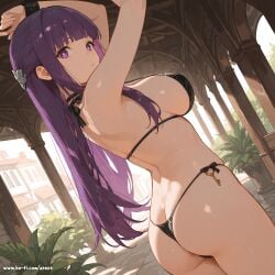 ai_generated anus bangs beautfiul_background blunt_bangs bondage bright_pupils burger butt_crack dancing fern_(sousou_no_frieren) half_updo key large_breasts long_hair orchid purple_eyes purple_hair serious sidelocks street stunning_backgroud