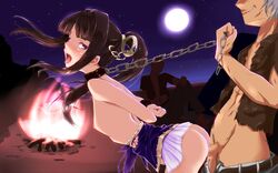 2boys arms_behind_back ass atelier_(series) atelier_totori black_hair blush bondage borubikku bottomless bound_wrists box_tie breasts campfire censored chains collar doggy_style female flat_chest full_moon grey_hair hair_ornament head_out_of_frame highres long_hair mimi_houllier_von_schwarzlang moon mosaic_censoring multiple_boys night nipples open_mouth pants_pull penis ponytail purple_eyes rape saliva scar sex sitting skirt slave tear tied_hair topless topless_male torn_clothes unseen_male_face