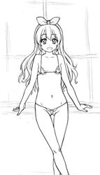 female aikatsu! areolae arm_support bow breasts hairbow highres hoshimiya_ichigo legs_crossed lingerie long_hair looking_at_viewer monochrome navel open_mouth partially_visible_vulva shiwasu_no_okina sitting sketch small_breasts smile solo standing underwear underwear_only