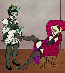 1futa 1girls black_hair blonde_hair blush breasts chair clothes cum cum_drip cum_on_feet cum_shot cumdrip cumshot dress footjob futa_on_female futanari gloves green_lipstick grey_skin headwear heels homestuck horns intersex kanaya_maryam maid married married_couple master ms_paint_adventures open_mouth pink_eyes rose_lalonde sharona shoes short_hair slave stockings tights troll white_skin wife_and_wife yellow_eyes