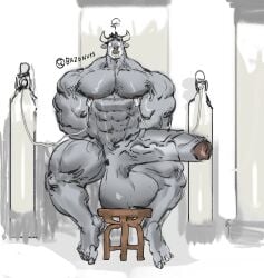 anthro balls bara barazoku bazonuts big_balls big_penis boner bovid bull erection furry horns male male_only muscles muscular nipple_pump nude penis solo solo_male