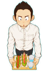 1boy blush censored erection food hot_dog male male_only novelty_censor open_mouth original penis penis_hot_dog shirt short_hair solo sweat torte_(triggerhappy)