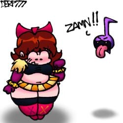 auburn_hair brawl_stars chubby derp777 dialogue embarrassed fat friday_night_funkin girlfriend_(friday_night_funkin) looking_at_self melodie_(brawl_stars) melodie_note_(brawl_stars) obese pink_skin self_upload shitpost tagme text white_background zamn!