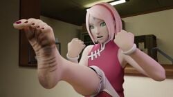 3d barefoot blender dirty_feet feet foot_fetish foot_focus green_eyes naruto_(series) pink_hair red_toenails sakura_haruno soles toenail_polish toes