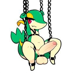 1:1 ai_generated anthro balls belly big_balls big_penis bondage bondage bound chains cock_ring cuff_(restraint) erection feral foreskin generation_5_pokemon genitals harness hellsonger hi_res huge_cock humanoid_genitalia humanoid_penis looking_at_viewer male navel nintendo penis penis_accessory penis_jewelry pokemon pokemon_(species) red_eyes reptile restraints scalie simple_background slightly_chubby snivy solo white_background