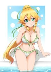 absurd_res alluring big_breasts bikini blonde_hair blush braid cleavage elf female frilled_bikini frills green_eyes high_res ken-ji leafa looking_at_viewer navel partially_submerged pointy_ears ponytail pool sitting smile swimming_pool swimsuit sword_art_online twin_braids wet white_bikini