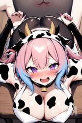 ai_generated blue_hair catgirl cow_bikini female himari_neko pink_hair purple_eyes