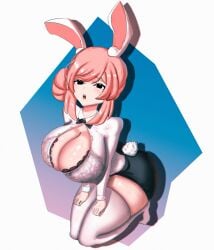 big_breasts black_eyes black_skirt bunny_ears bunny_girl bunny_tail bunnysuit clothed clothing moshimoshinl open_mouth original original_character pink_hair white_legwear white_shirt