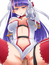 bar_censor blue_hair blush bored bored_sex breasts censored cleavage cowgirl_position demekyon emotionless expressionless fate/grand_order fate_(series) femdom girl_on_top leotard long_hair open_mouth pleasure_without_expression pussy pussy_juice red_legwear riding saint_martha sex shiny shiny_skin straddling straight thighhighs vagina vaginal_sex violet_hair