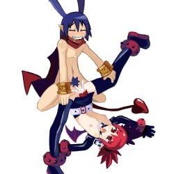 1boy 1girls ahe_gao blue_hair breasts_out clothing cum cum_in_pussy cum_in_pussy disgaea etna grabbing_legs holding_legs laharl orgasm penetration penis piledriver_position pubic_hair pussy pussy_juice red_eyes red_hair sex small_breasts upside-down wet_pussy