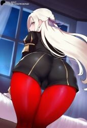 ai_generated ass_focus black_shorts blonde_hair edelgard_von_hresvelg fire_emblem fire_emblem:_three_houses forehead from_behind garreg_mach_monastery_uniform large_breasts long_hair looking_back pantyhose primosan purple_eyes red_pantyhose shorts standing thigh_gap uniform very_long_hair