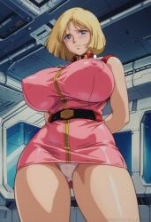 1girls ai_generated ambrose ass_visible_through_thighs blonde_hair blue_eyes blush cameltoe embarrassed gundam hands_behind_back huge_breasts low-angle_view military_uniform miniskirt mobile_suit_gundam nipple_bulge panties pink_clothing sayla_mass self_upload short_hair spaceship stable_diffusion thick_thighs upskirt white_panties wide_hips