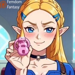 1girls ai_generated another cage chastity cocky device dominant domination dominatrix female femdom femdomfantasyai locked offering only princess_zelda slave smile solo to viewer zelda_(breath_of_the_wild)