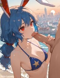 ai_generated bikini blue_hair cityscape erection fellatio penis red_eyes seiran_(touhou) small_breasts testicles touhou uncensored