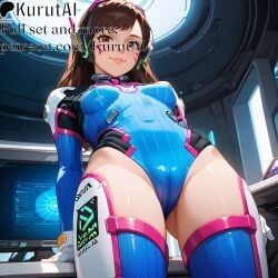 1girls ai_generated artist_name artist_signature bangs blizzard_entertainment bodysuit breasts brown_eyes brown_hair cowboy_shot d.va d.va_\(overwatch\) gloves hi_res high_resolution highres kurutai long_hair looking_at_viewer medium_breasts overwatch overwatch_2 patreon smile solo thighhighs uncensored