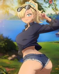 1girls absurdres artist_name black_shirt blonde_hair blue_eyes blue_shorts blurry closed_mouth collared_shirt cowboy_shot cropped_shirt depth_of_field ear_piercing eyewear_on_head from_behind hair_ornament hair_over_one_eye high_ponytail highres hmangadd komi-san_wa_komyushou_desu lake long_sleeves looking_at_viewer on_grass one_eye_covered outdoors patreon_logo patreon_username piercing pink_nails ponytail shiroki_yuka shirt shorts signature smile solo sunglasses twisted_torso v