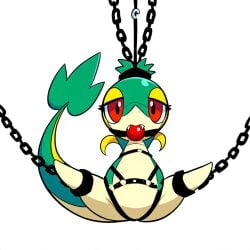 1:1 ai_generated ambiguous_gender ball_gag bondage bondage bound chained chains cuff_(restraint) fangs female feral gag gagged generation_5_pokemon hellsonger looking_at_viewer nintendo pokemon pokemon_(species) red_eyes reptile restraints scalie shackles simple_background snivy solo spread_legs submissive white_background