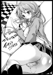 areolae breasts checkered couch dildo female female_masturbation juice kneehighs large_breasts licking looking_at_viewer looking_back masturbating masturbation monochrome nipples no_panties on_side ootori_mahiro open_clothes open_shirt original pinky_out pussy shirt skirt solo text tongue translation_request