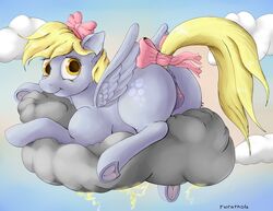 2013 amber_eyes anus bow clouds cutie_mark derpy_hooves equine female feral friendship_is_magic grey_fur horse looking_at_viewer looking_back my_little_pony nezudomo pegasus pony pussy sky smile solo tail_wrap text wings