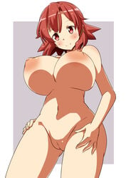 ass_visible_through_thighs blush breasts cleavage female highres huge_breasts inverted_nipples izetta looking_at_viewer naruse_mai navel nude pussy red_eyes red_hair shuumatsu_no_izetta smile solo