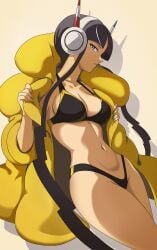 absurdres bikini black_bikini black_hair blue_eyes breasts cleavage closed_mouth coat collarbone creatures_(company) elesa_(pokemon) elesa_(pokemon_bw2) female game_freak headphones long_sidelocks medium_breasts navel nintendo pokemon pokemon_bw2 profile shadow sidelocks solo stomach swimsuit thighs vivivoovoo white_background yellow_coat