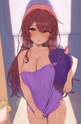 1girls 1other blush camisole cleavage doorway holding_object huge_breasts idolmaster idolmaster_shiny_colors looking_at_viewer oosaki_amana pajama_shirt pajamas pajamas_pull plushie pov pulling_clothing purple_camisole revealing_clothes shiny_skin steam sweat sweaty young young_female younger_female