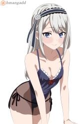 1girls absurdres black_hairband blue_eyes blue_leotard blush collarbone hairband highres hmangadd kaguya-sama_wa_kokurasetai_~tensai-tachi_no_renai_zunousen~ leaning_forward leotard long_hair looking_at_viewer patreon_logo patreon_username shirogane_kei simple_background solo white_background white_hair