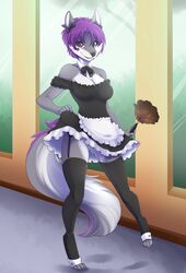 anthro canine female flashing french_maid fur furry hair jess_(teckly) looking_at_viewer maid maid_uniform purple_hair pussy skimpy solo spazzykoneko wolf