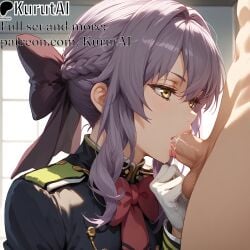 1boy 1girls ai_generated artist_name artist_signature bangs blush bow braid fellatio gloves hi_res high_resolution highres hiiragi_shinoa kurutai long_hair oral owari_no_seraph patreon penis purple_hair seraph_of_the_end shinoa_hiiragi sidelocks solo_focus straight testicles uncensored