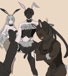 1girls 2boys 2d angelica_(library_of_ruina) black_body black_silence_(library_of_ruina) buff_male bunny_ears bunnysuit covering_breasts crossdressing crossed_arms embarrassed_male library_of_ruina masked_male olivier_(library_of_ruina) project_moon roland_(library_of_ruina) simple_background stockings