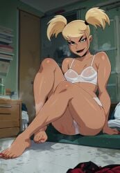 ai_generated ass bangs bare_legs bare_shoulders barefoot batman_(series) batman_and_harley_quinn bed blonde_hair blue_eyes blush bra breasts clavicle cleavage clothes_removed clothing curvy curvy_ass curvy_female curvy_figure curvy_hips dark-skinned_female dark_skin dc dc_comics dcau feet female female female_only flirting full_body fumes harleen_quinzel harley_quinn harley_quinn_(classic) huge_ass indoors jewelry legs light-skinned_female long_hair looking_at_viewer makeup medium_breasts nail_polish navel on_bed open_mouth pantsu ponytail red_nails see-through shiny shirt shirt_removed short_hair short_twintails sitting skirt_removed small_breasts smile soles solo spread_legs steam sweat sweaty teeth thighs tied_hair toenail_polish toenails toes twintails underwear underwear_only warner warner_bros warner_brothers wet white_bra white_panties white_underwear window