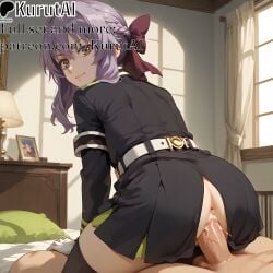 1boy 1girls ai_generated anus artist_name artist_signature ass bed bedroom bow braid brown_eyes clothed_sex cowgirl_position cowgirl_position from_behind hairbow hi_res high_resolution highres hiiragi_shinoa indoors kurutai looking_at_viewer looking_back on_bed owari_no_seraph patreon penis purple_hair pussy reverse_cowgirl_position seraph_of_the_end sex sex_from_behind shinoa_hiiragi solo_focus straddling straight thighhighs uncensored vaginal_penetration