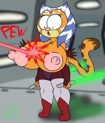 1girls ahsoka_tano background barely_clothed big_breasts big_nipples blurred_background blurry_background boots bracers breast_focus breasts breasts_bursting_out breasts_out breasts_outside cat_humanoid cat_nose cat_tail catgirl cleavage clothes clothing color colored copyright_request detailed_background dual_wielding erect_nipples eyelashes eyes_wide_open female female_focus female_only focused front_view fur fusion fusion_character garfield_(series) garfield_the_cat hair laser laser_beam leggings lightsaber long_hair looking_at_breasts looking_at_self looking_down mad_(series) nipples nipples_out nipples_outside onyx_twilight orange_fur pew practically_nude revealing_clothes spacecraft spaceship_interior standing star_wars sudoku_(mad) surprised surprised_expression text togruta topless weapon weapons wide_eyed