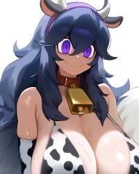 ai_generated big_breasts cow_print cowgirl_outfit crowmouth hex_maniac huge_breasts pokemon purple_eyes purple_hair shiny_skin