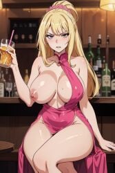 ai_generated big_breasts bitch blonde_female blonde_hair blonde_hair_female drunk giant_breasts huge_breasts large_breasts nip_slip nipple_slip pink pink_dress rich rich_bitch rich_girl slut slutty whore