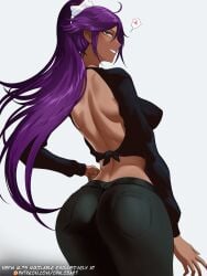 back_view bare_back big_ass big_breasts bleach blush catgirl dark-skinned_female dark_skin leaning_forward leggings long_hair long_legs looking_at_viewer mature_female opalisart purple_hair shihouin_yoruichi shihouin_yoruichi slim_waist socks sportswear tagme wide_hips yellow_eyes yoga_pants