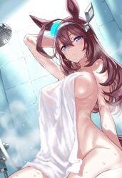 ai_generated animal_ears blue_eyes breasts female hairband horse_girl long_hair mihono_bourbon_(umamusume) reddish_hair shower showering towel towel_only umamusume wet