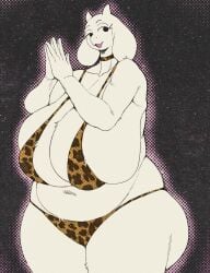 1girls 5_fingers anthro barely_contained bbw bedroom_eyes belly belly_overhang big_breasts bikini boss_monster_(undertale) breasts breasts_bigger_than_head bubble_butt bursting_breasts caprine chubby chubby_female cleavage cleavage_overflow collar collarbone curvy deltarune dot_eyes eyelashes fat fat_female female female_only floppy_ears fur furry goat half-closed_eyes hands_together head_tilt hips hips_wider_than_shoulders horns kemonoci leopard_print leopard_print_bikini midriff milf muffin_top overweight overweight_female solo thick_thighs three-quarter_portrait toriel undertale voluptuous white_body white_fur