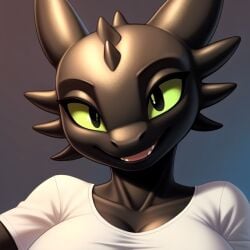 ai_assisted ai_generated anthro black_body cute dracovik dragon dragon_girl dreamworks frosting.ai genderswap_(mtf) green_eyes head_tilt how_to_train_your_dragon looking_at_viewer rule_63 scalie sfw smile smiling smiling_at_viewer toothless wholesome