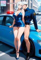 1_girl 1_man ai_generated blue_dress day full_body handcuffs jujutsu_kaisen leaning_on_a_car looks_at_the_viewer mei_mei mei_mei_(jujutsu_kaisen) police police_car police_uniform sequins_on_dress short_dress standing_sex street vagina white_hair