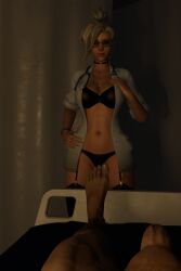 1boy 1girls 3d 3d_render choker clothed flaccid_penis hand_on_breast hand_on_hip light-skinned_male light_skin lingerie looking_at_viewer lying_on_bed mercy nebsora3d nurse overwatch pov seductive_look